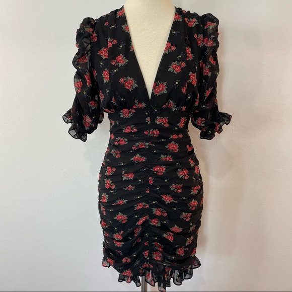 Zara Rose Print Ruched and Ruffled Mini Dress size Small - Picture 8 of 12